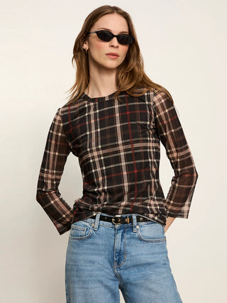 Mesh 3/4 Sleeve Top in Cinder Plaid