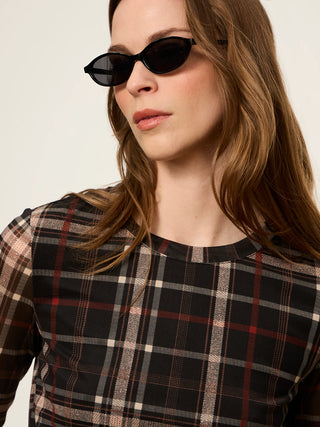 Mesh 3/4 Sleeve Top in Cinder Plaid