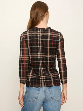 Mesh 3/4 Sleeve Top in Cinder Plaid