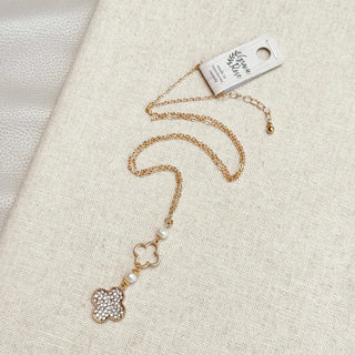 Rhinestone Clover Pearl Charm Gold Necklace