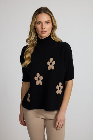 Ribbed Funnel Neck Fine Knit Sweater with Daisies in Black & Cream