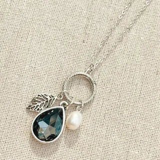 Grey Crystal & Leaf Charm Long Necklace