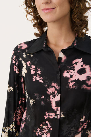 Lenda Button Down Blouse in Black Blurred Flow