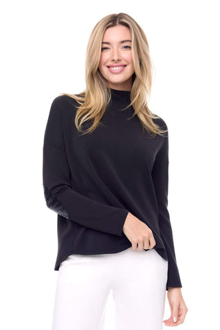 Mock Neck Shirt with Sequins Elbow Patch in Black