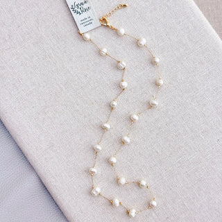 Gold Freshwater Pearl Beaded Link Chain Short Necklace