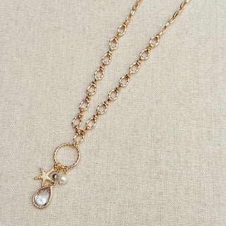 Cubic Zirconia Starfish & Pearl Charm Gold Necklace