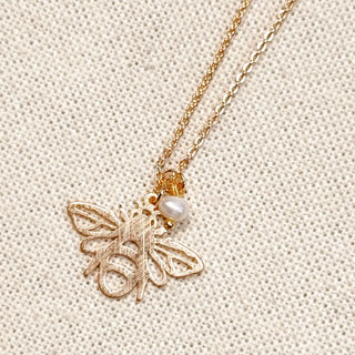 Textured Brass Bee Charm Gold Necklace