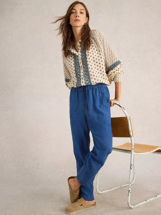 Elle Linen Blend Trouser in Chambray Blue