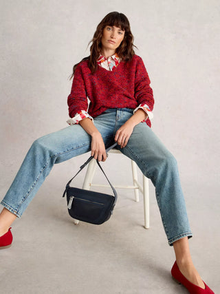 Textured V-Neck Jumper in Mid Red