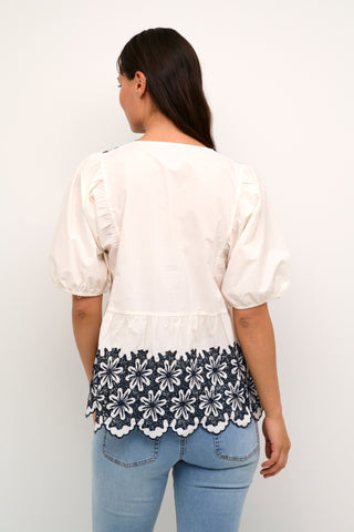 Valda Blouse in White with Blue Accent
