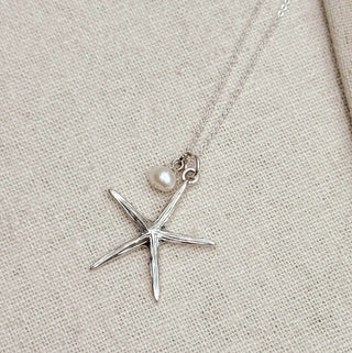 Beachy Rhodium Freshwater Pearl Starfish Charm Necklace