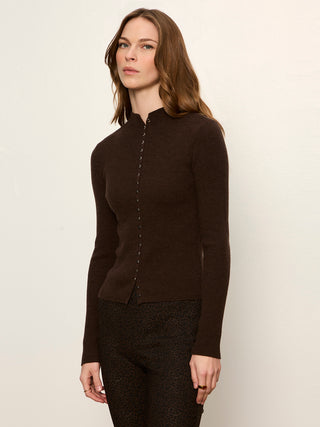 High Neck Rib Cardigan in Espresso
