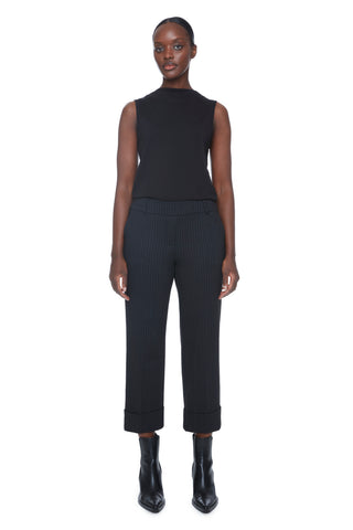 Straight Leg Crop Pants with Wide Cuff in Black Stripe