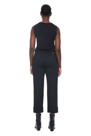 Straight Leg Crop Pants with Wide Cuff in Black Stripe