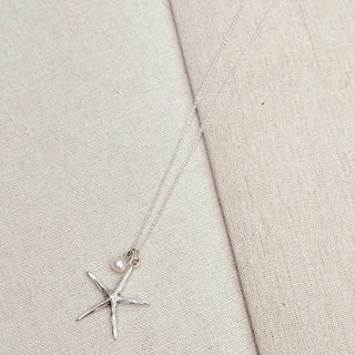 Beachy Rhodium Freshwater Pearl Starfish Charm Necklace
