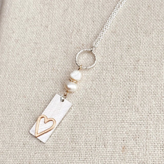 Two Tone Yellow Gold & Silver Pearl Heart Tag Necklace