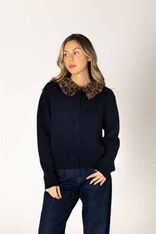 Aurora Cardi in Navy with Novelty Fur Collar