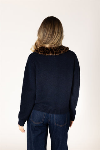 Aurora Cardi in Navy with Novelty Fur Collar