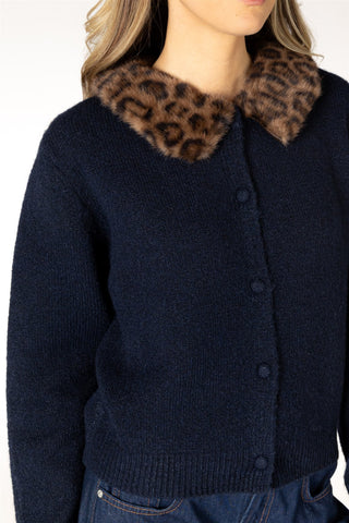 Aurora Cardi in Navy with Novelty Fur Collar