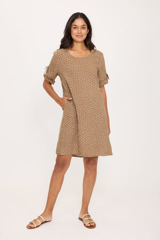 Linen Dress w/ Roll-up Clasp Sleeves in Camel Polka Dot