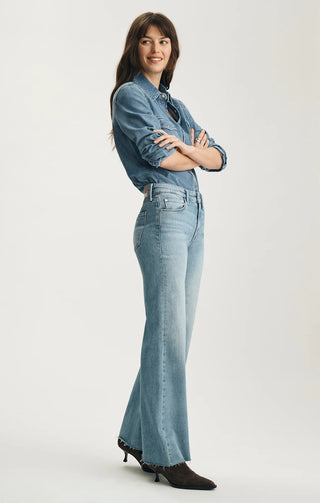 Grace Mid Rise Relaxed Flare Jeans in Bleached Classic Blue