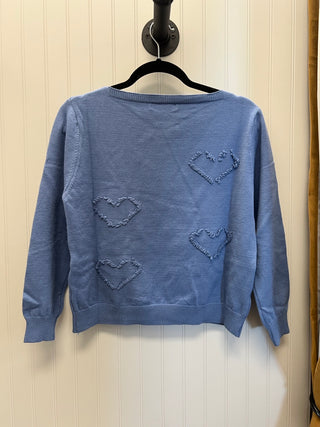 Heart Fringed Fine Knit Sweater in Blue Jeans