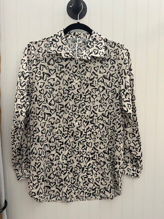 Georgette Button Down Blouse in Black & Cream Hearts