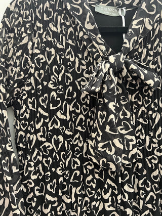 Georgette Plisse V-Neck Tie Dress in Beige & Black Heart Print