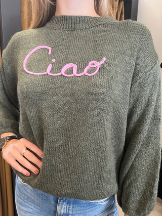 Ciao Sweater in Olive & Pink