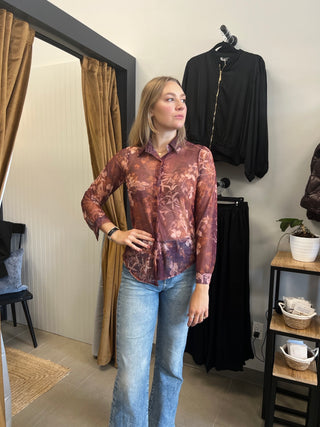 Button Front Floral Mesh Top in Burgandy