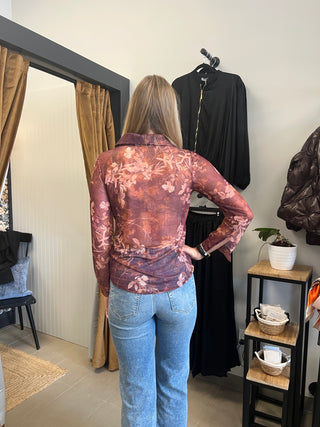 Button Front Floral Mesh Top in Burgandy