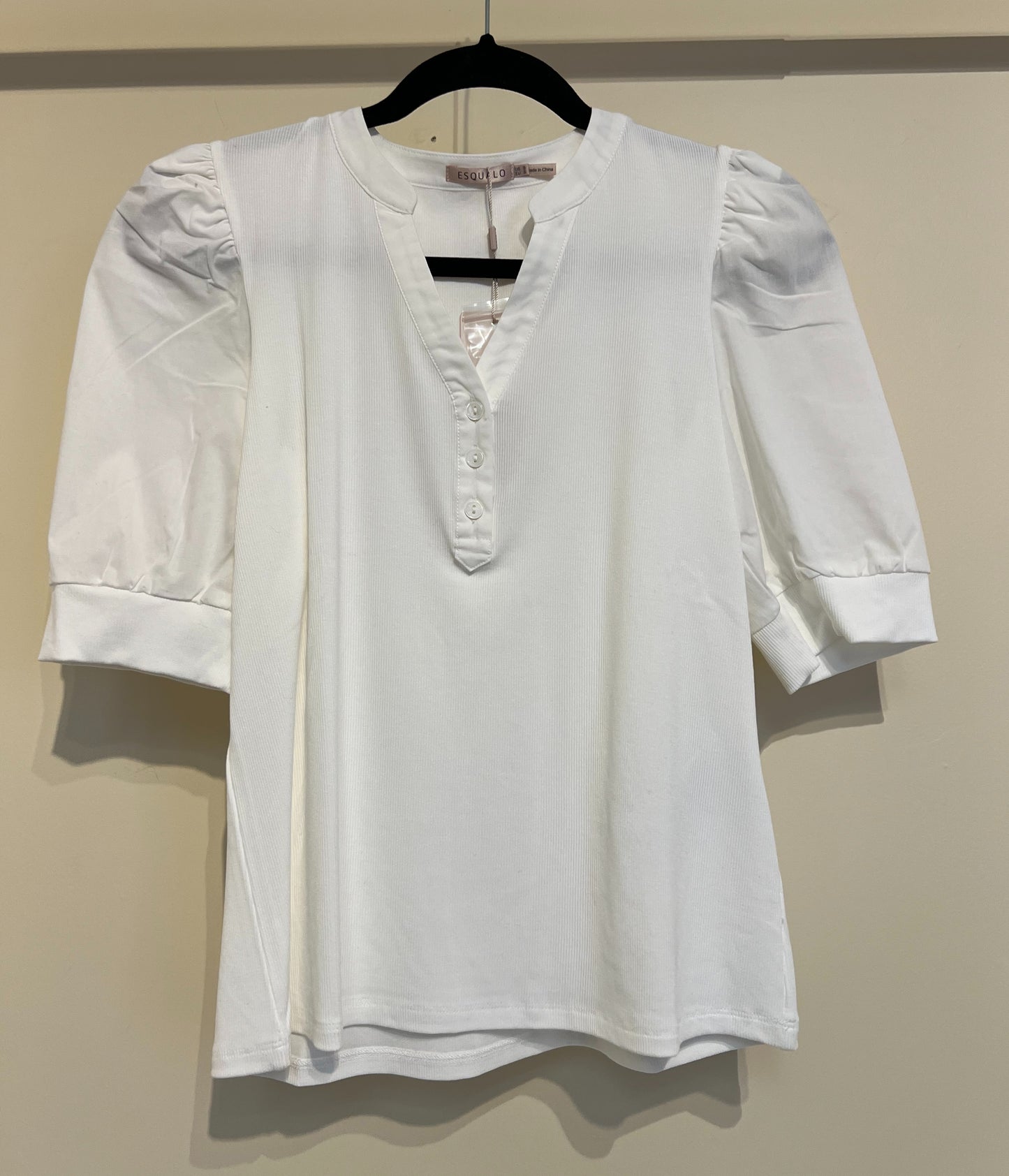 Rib Top with Cotton Sleeves in Off White