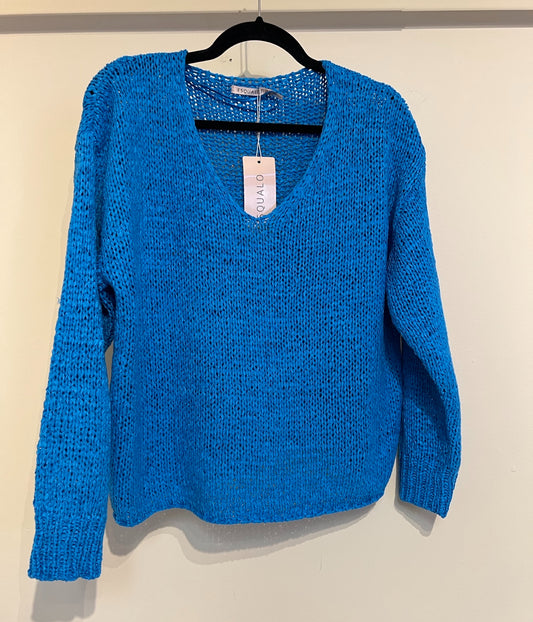 V-neck Tape Yarn Sweater in Aqua Blue
