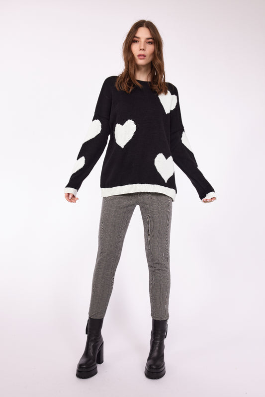 Oversized Knitted Heart Sweater in Black & White