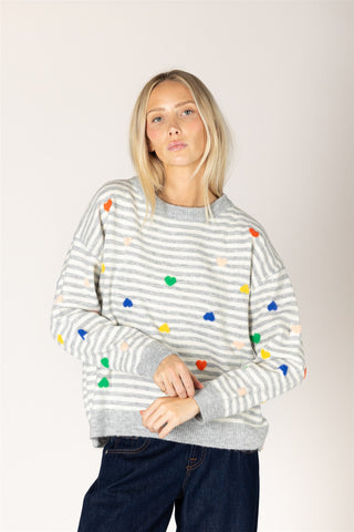 Jaidyn Heart Stripe Sweater in Greige & Chalk