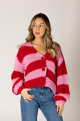 Leelee Hand Knit Stripe Cardi in Pink & Red
