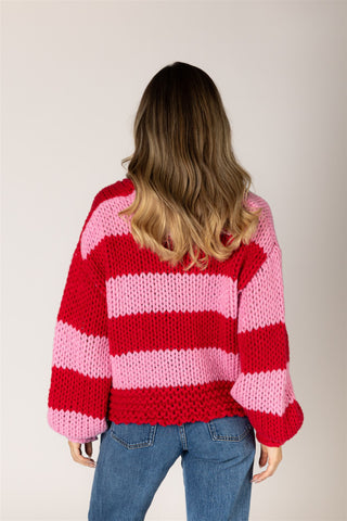 Leelee Hand Knit Stripe Cardi in Pink & Red