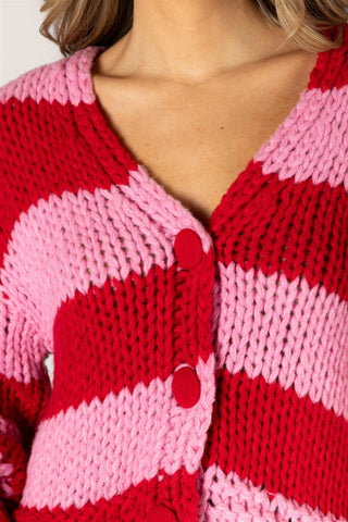 Leelee Hand Knit Stripe Cardi in Pink & Red