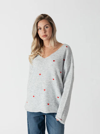 Luna Heart Sweater in Light Grey/Red Heart