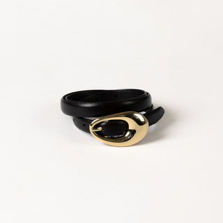 Vegan Leather Belt with Oval - Black & Gold