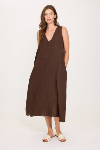 Midi Linen Sleeveless Dress in Coffee