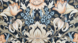 Detailed floral pattern with beige, blue, and brown colors on a dark background