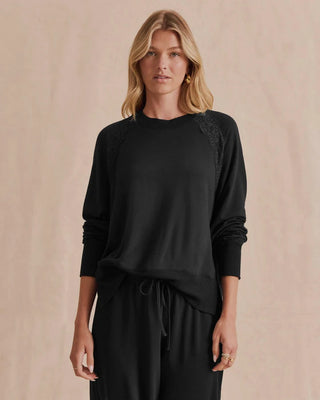 Supersoft Lace Trim Crew Pullover in Black
