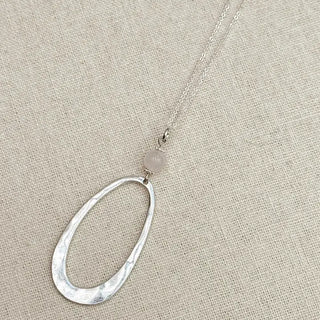 Matte Silver Rose Quartz Oval Hammered Pendant Long Necklace