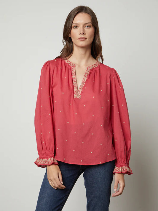 Ania Cotton Boho Embroidered Top in Berry