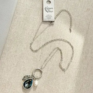 Grey Crystal & Leaf Charm Long Necklace