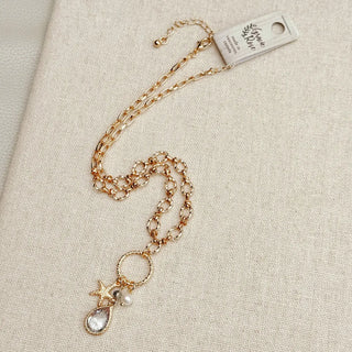 Cubic Zirconia Starfish & Pearl Charm Gold Necklace