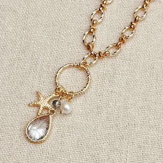 Cubic Zirconia Starfish & Pearl Charm Gold Necklace