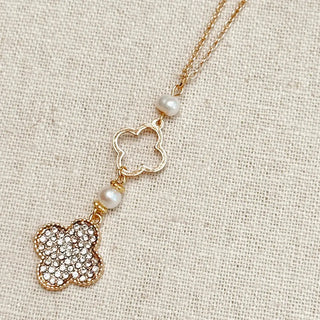 Rhinestone Clover Pearl Charm Gold Necklace