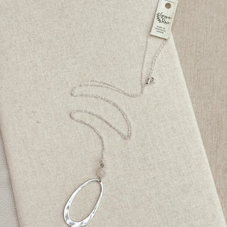Matte Silver Rose Quartz Oval Hammered Pendant Long Necklace
